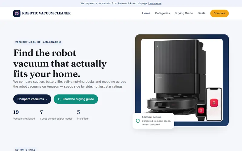 Página de inicio de Robotic Vacuum Cleaner con una aspiradora robótica y su estación de carga