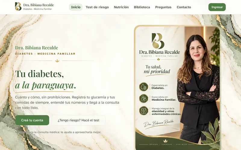 Página de inicio del sitio de la Dra. Bibiana Recalde, diabetes y medicina familiar