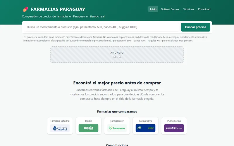 Página de inicio de Farmacias Paraguay con el buscador de medicamentos y las farmacias comparadas