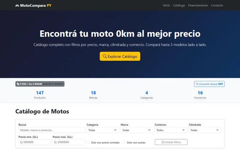 Página de inicio de MotoCompara Paraguay con el catálogo y los filtros de motos 0 km